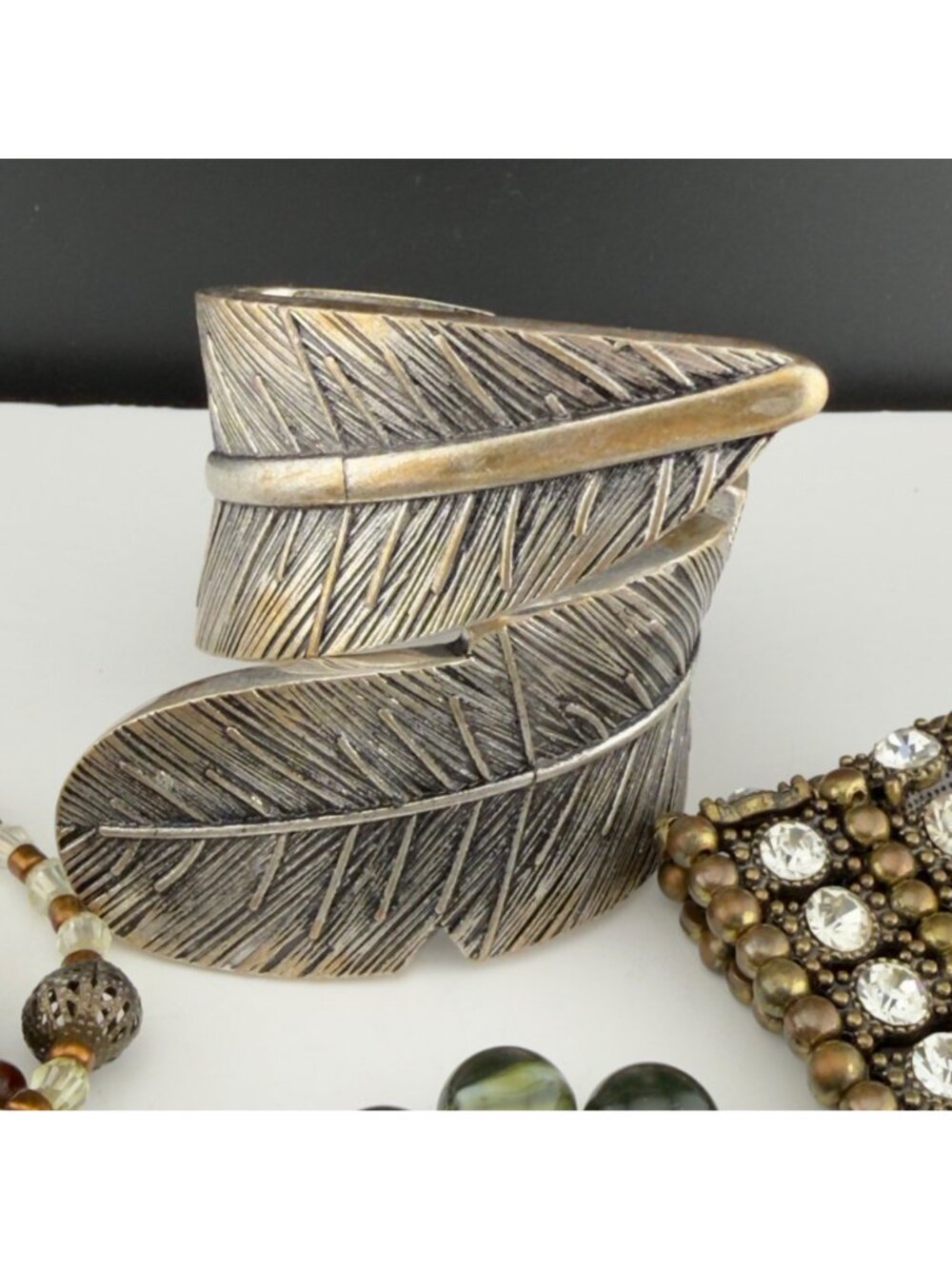 Boho Bracelet Lot Silver Tone Cuff Rhinestone Stretch Mixed Metals Stackable - Picture 3 of 16